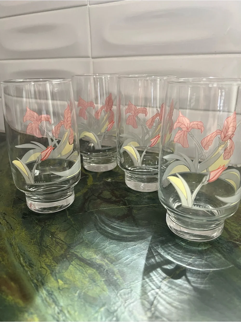 Vintage Diana iris glasses  Set~4 drinkware   1970s pink floral glass tumblers
